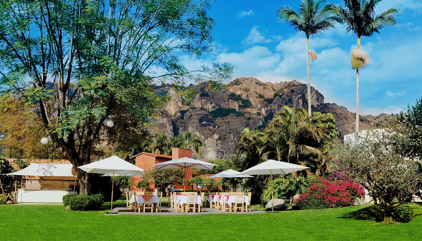 Vista de los jardines de Casa Bugambilia frente a las montañas