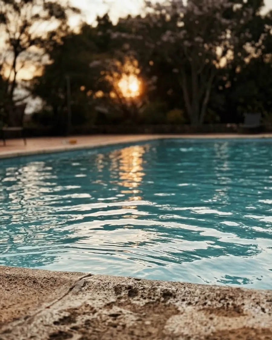 Alberca de Santuario Xictli rodeada de naturaleza al atardecer